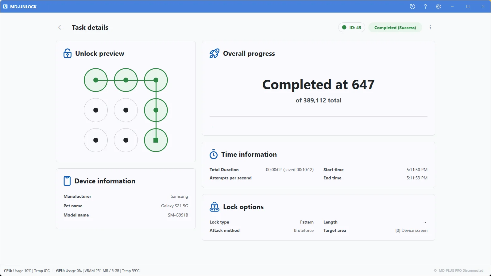 MD-UNLOCK Task details view showing a completed pattern unlock, attack method, and target area