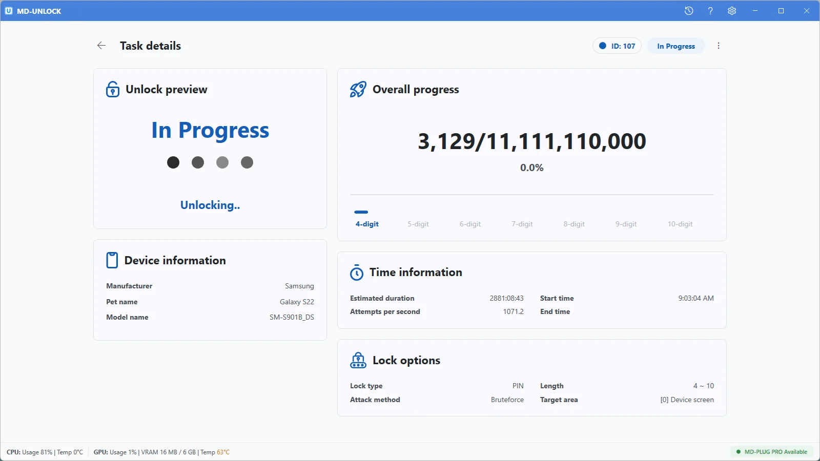 MD-UNLOCK unlock progress view showing overall progress, device information, time information, and lock options